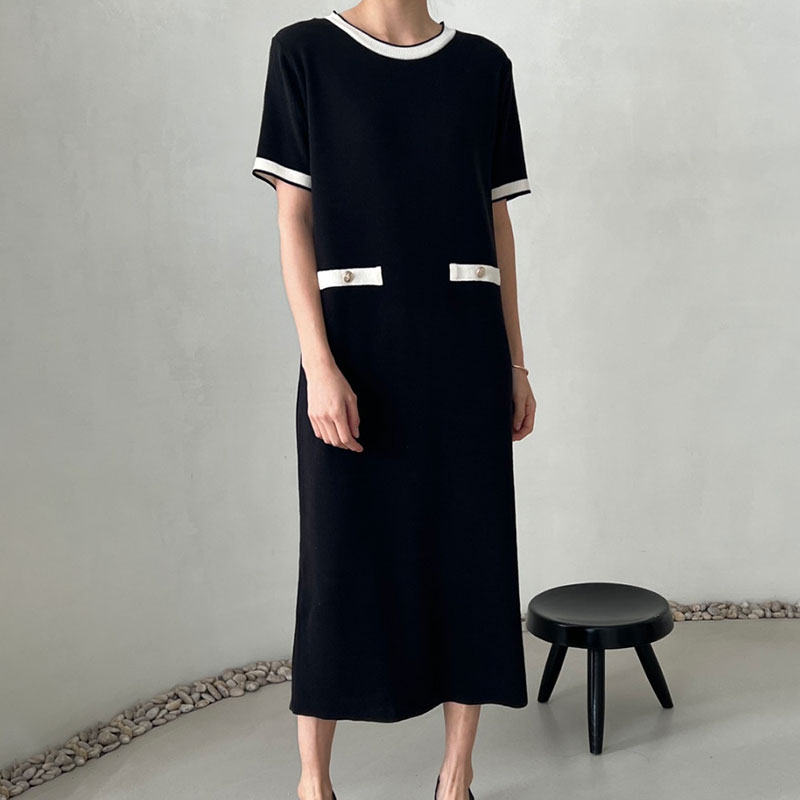 Elegant Round Neck Contrasting Color Design Ladies Dress