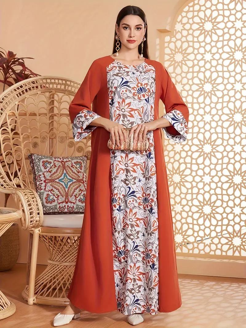 Elegant Floral Print Long Sleeved Abaya Robe Dress - Picture 5 of 5
