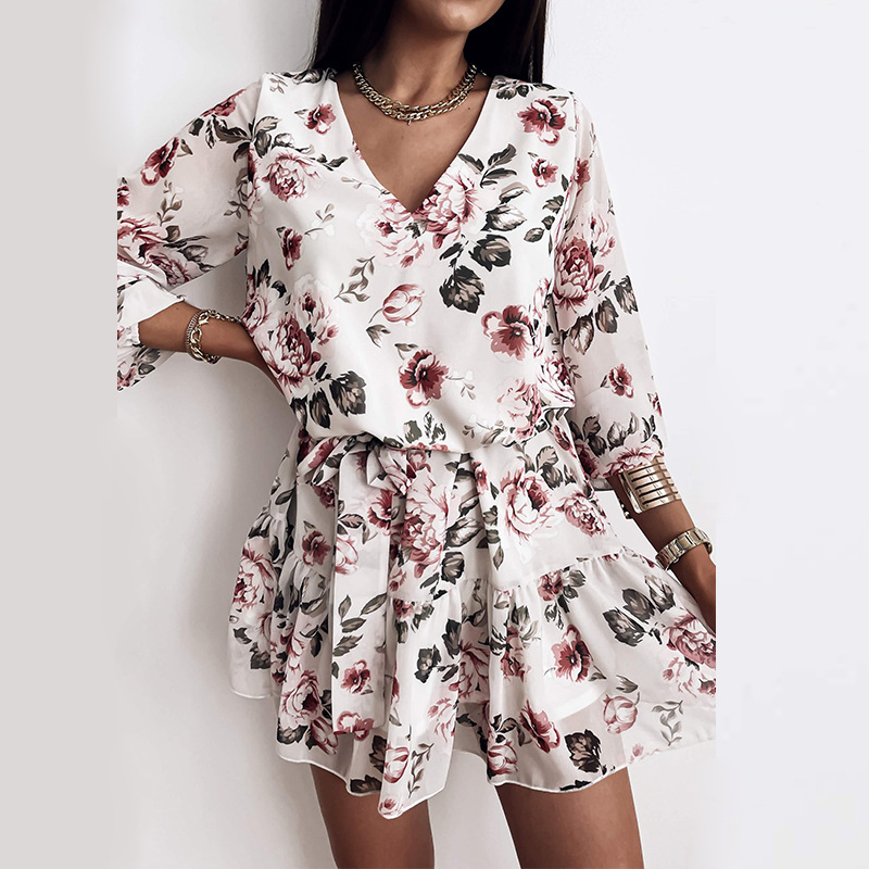 Floral Print Casual Long-sleeved Short Skirt