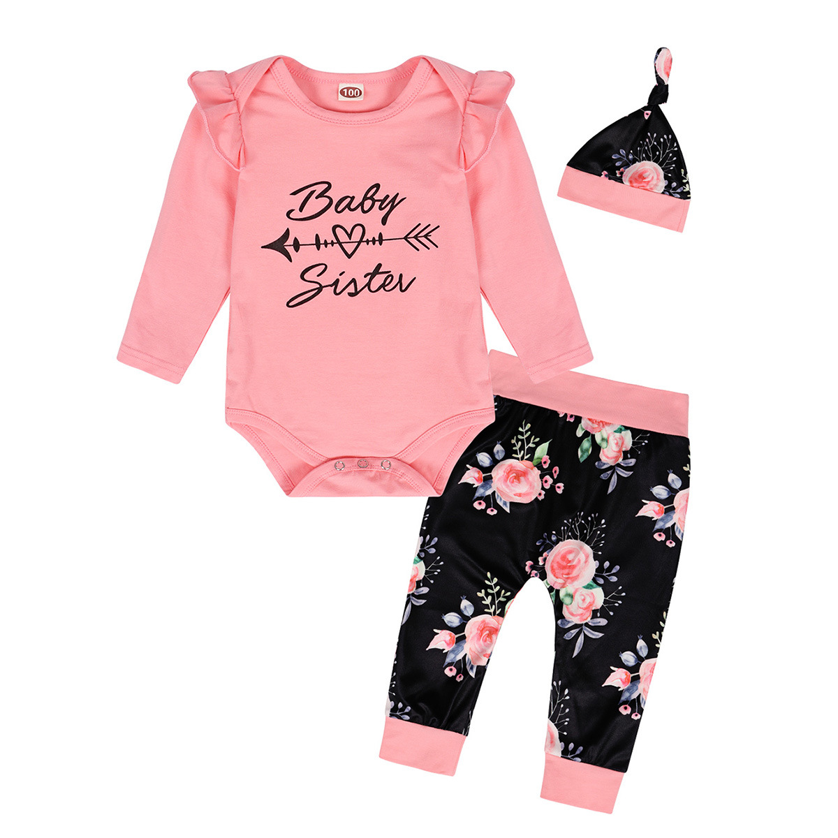 Letter Printing Romper Flower Trousers Hat Three-piece Set