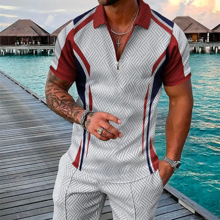 Men's Summer Fashion 3D Printed Short Sleeve Geometric Zip Lapel Shirt Set