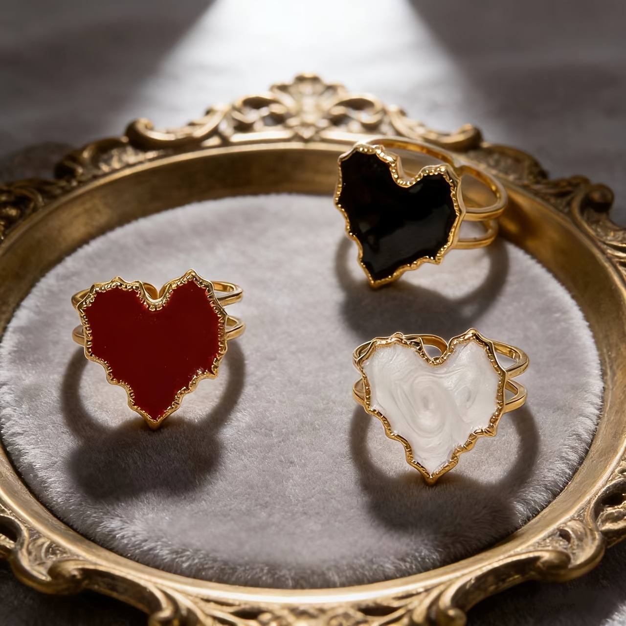 French Retro Heart Ring, Red Black White Enamel Heart Band, Minimalist Luxury Personalized Ring, Stainless Steel Heart Gold Frame Open Adjustable Ring