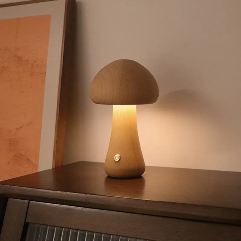 INS Wooden Cute Mushroom LED Night Light With Touch Switch Bedside Table Lamp For Bedroom Childrens Room Sleeping Night Lamps Home Decor – image 7