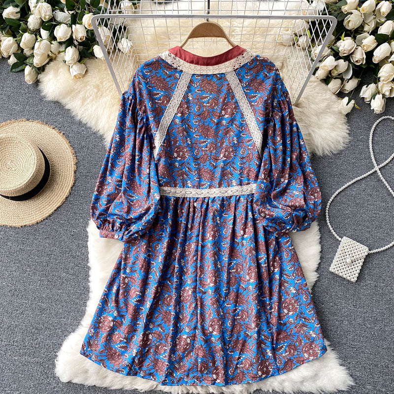 Contrasting Color Stitching Sexy V-neck Floral Holiday Dress