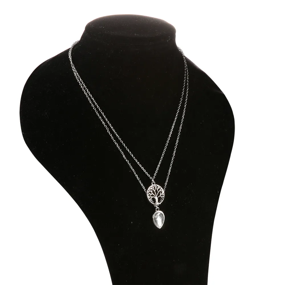 Fashion Jewellery Bohemian Tree Of Life Water Drop Opal Double Necklace - Silver