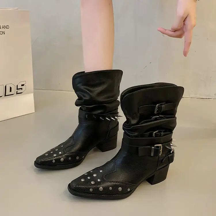 Women's Black Ruched Western Cowboy Ankle Boots