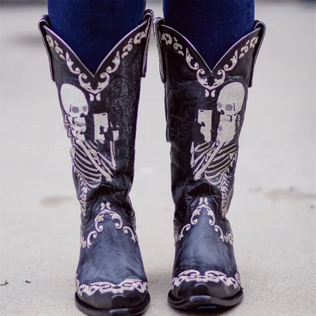Skull Tall Pointed Toe Chunky Mid Heel Martin Boots Black - Shop at LoveMi