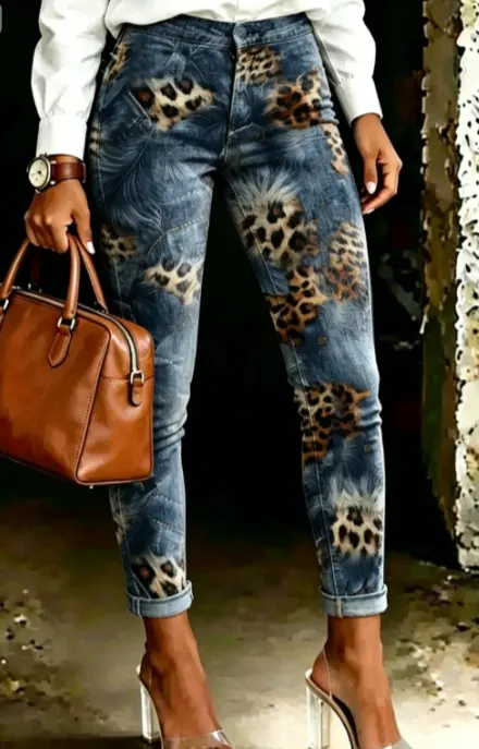 Leopard Feather Print Roll-Cuff Skinny Jeans