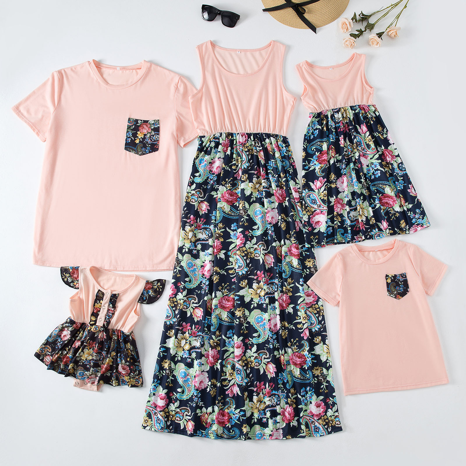 Fashion Waist Stitching Stitching Print Long Dress Parent child Outfit Family Pink - Shop at LoveMi