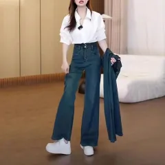 Dark Blue High Waist Drape Denim Wide Leg Pants Retro Pants Slim And Tall Stylish Straight Pants - Blue - View 1