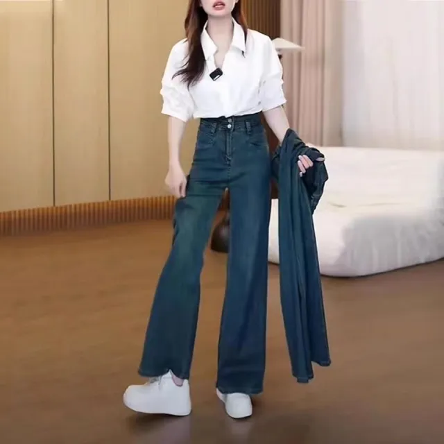 Dark Blue High Waist Drape Denim Wide Leg Pants Retro Pants Slim And Tall Stylish Straight Pants Blue - Shop at LoveMi