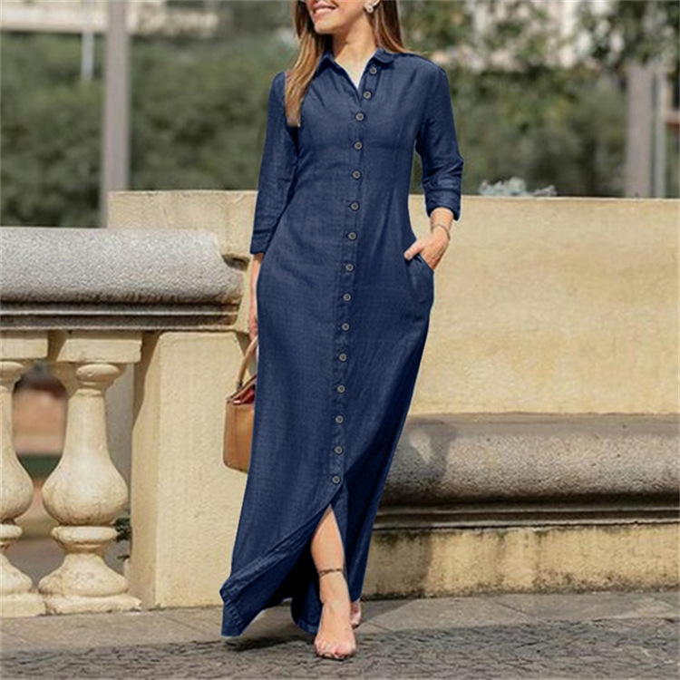 Shirt Collar Denim Button Maxi Dress Dark Blue - Shop at LoveMi