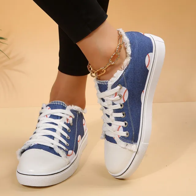 Casual Flat Canvas Shoes Flowers Lace up Flowers Print Loafers Women Walking Shoes Denim Ball 36. - Shop at LoveMi