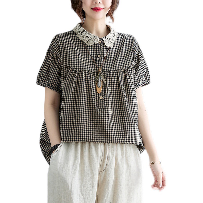 Ladies' Lace Lapel Cotton And Linen Plaid Shirt Short Sleeves Black - Shop at LoveMi