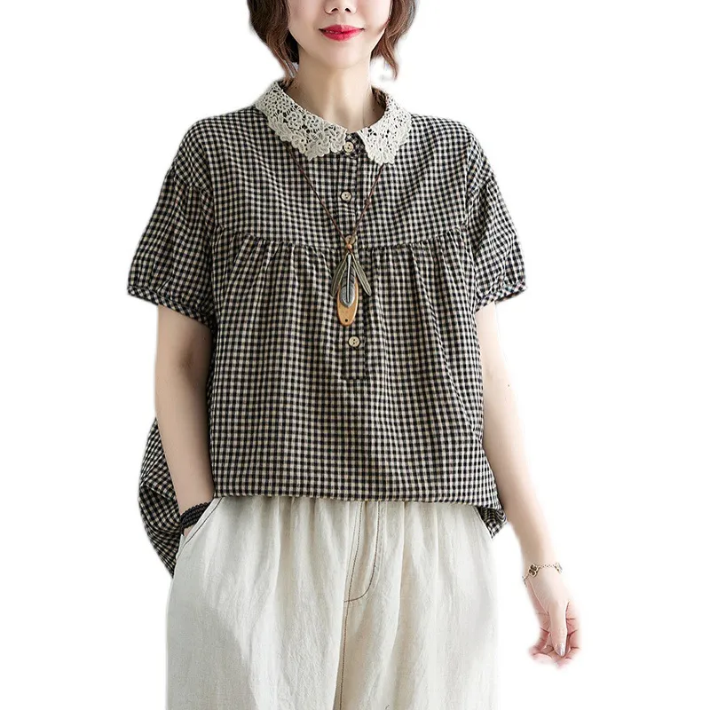 Ladies' Lace Lapel Cotton And Linen Plaid Shirt Short Sleeves - Black