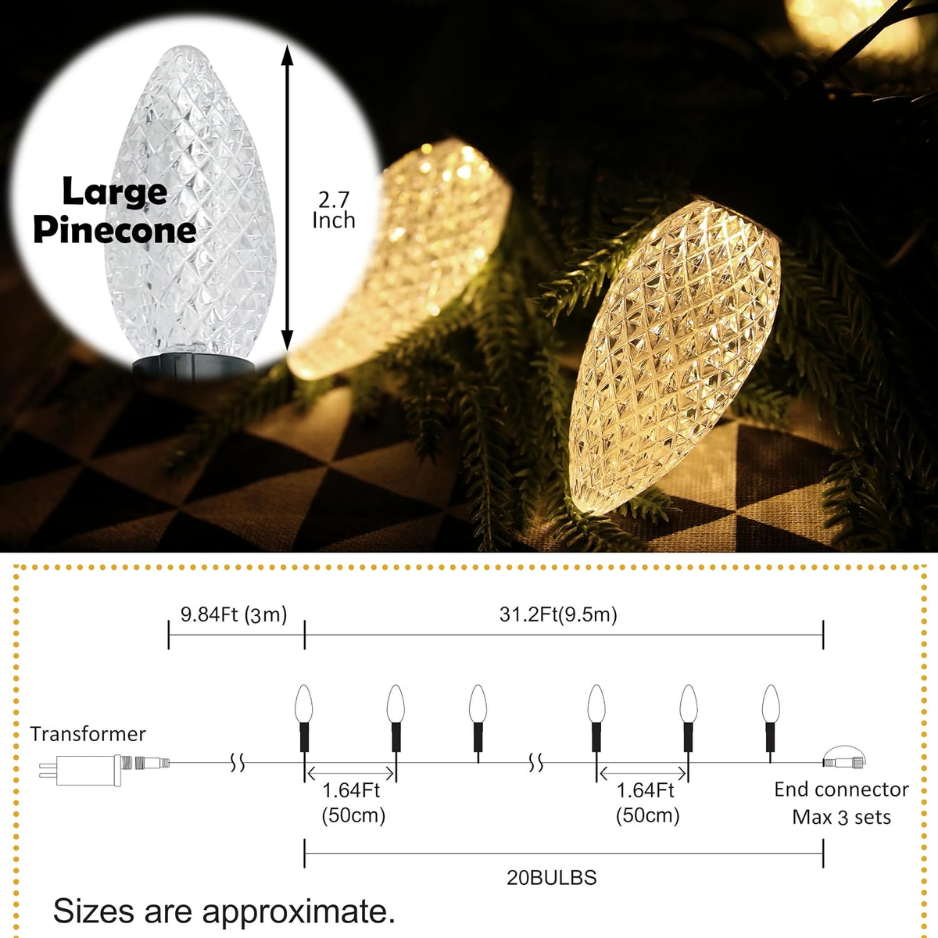 20 LED 41 FT Christmas String Lights Oversize Pinecone For Xmas Decor Christmas Lights Twinkle String Lights Plug In 11 Modes Timer Memory 6