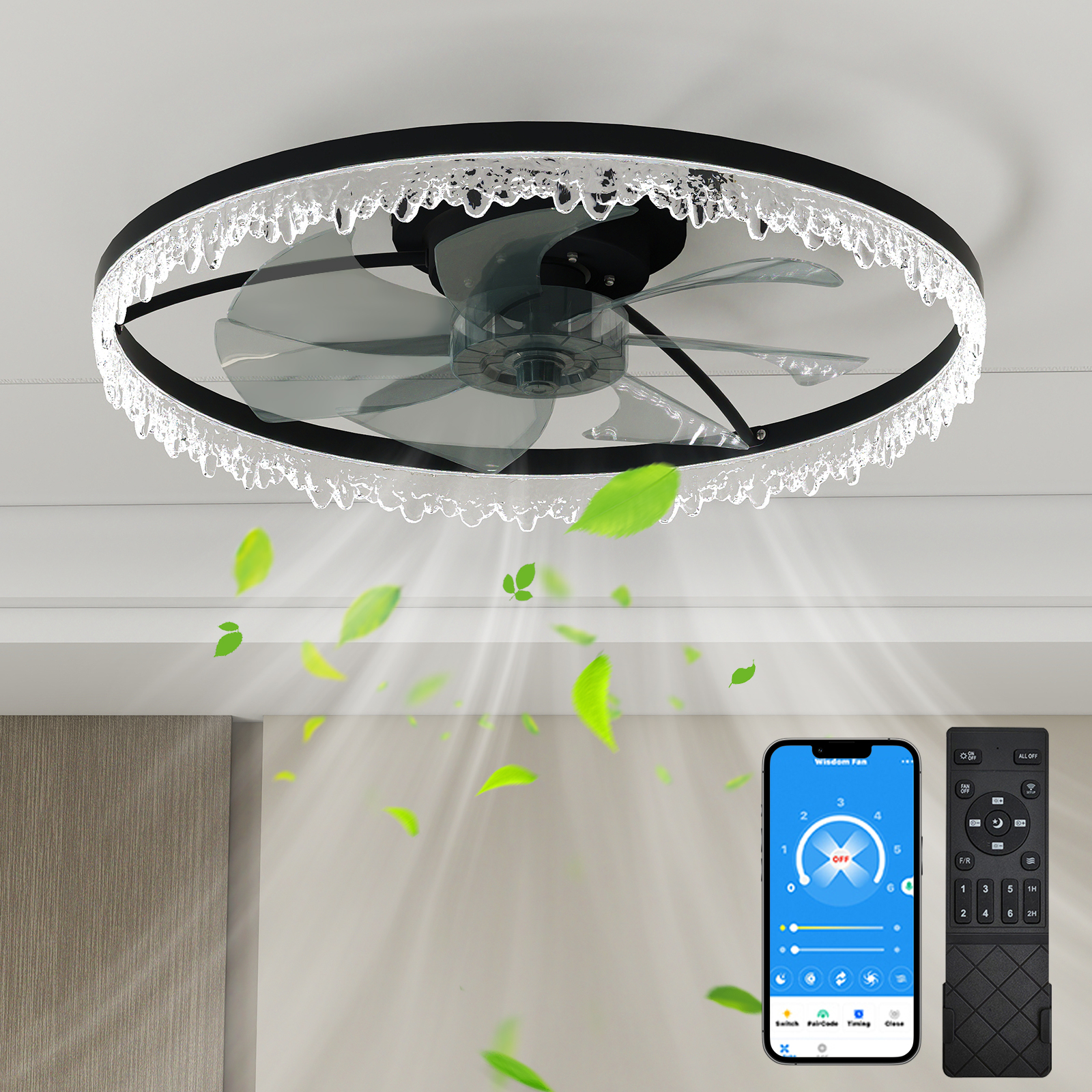 Luxury Crystal Ceiling Fan With Lights - 24'' Flush Mount LED Chandelier Fan With 5 Invisible Blades, Remote & Timer, Bright Dimmable Lighting For Bedroom, Living Room, Dining Room