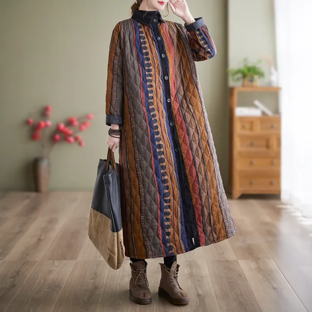 New Style Literary And Artistic Retro Ethnic Stripe Cotton Padded Clothes Women Orange Blue Stripe - Shop at LoveMi