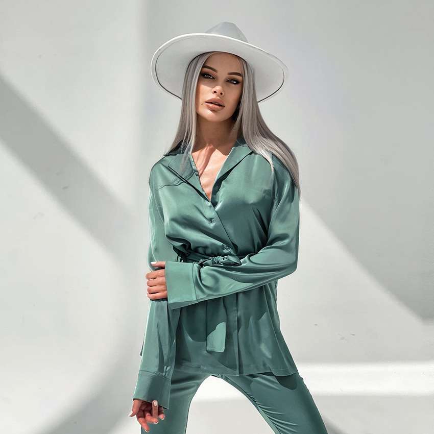 Title 5, Satin Imitation Silk Green Flared Sleeve Long-s...