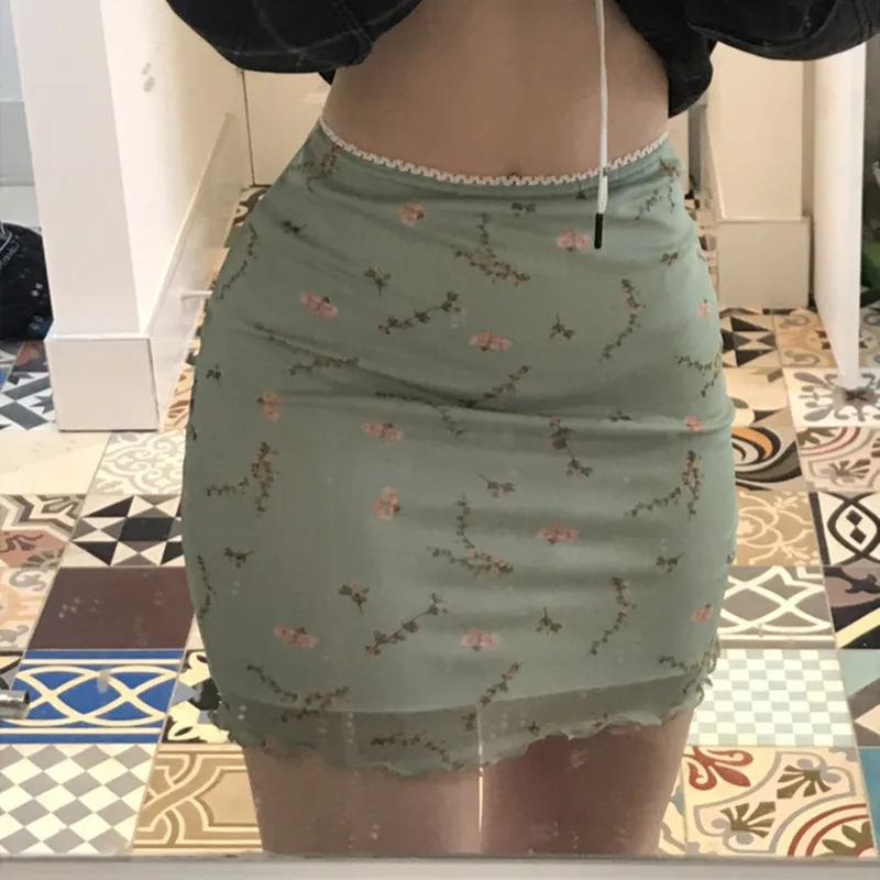 Summer Mesh Floral High Waist Was Thin And Short Buttocks Skirt - Green