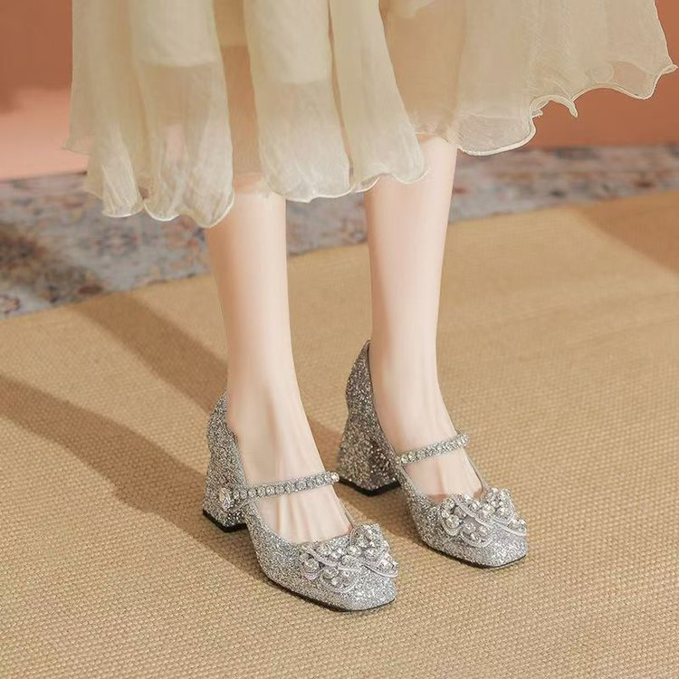 2025 New Champagne Rhinestone Bow Mary Jane Heels Fairy Style Ankle Strap Chunky Heel Pumps thumbnail 3