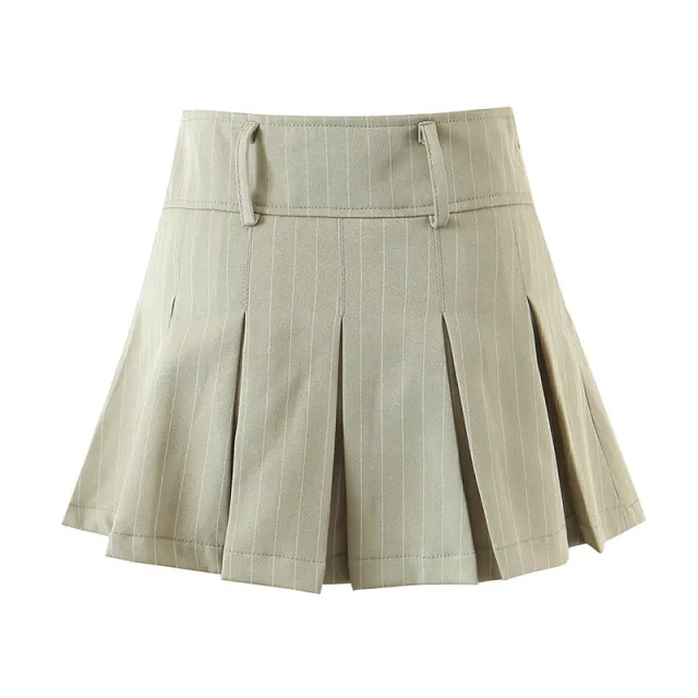 British Style High Waist Thin Striped Pleated Skirt Khaki - Shop at LoveMi