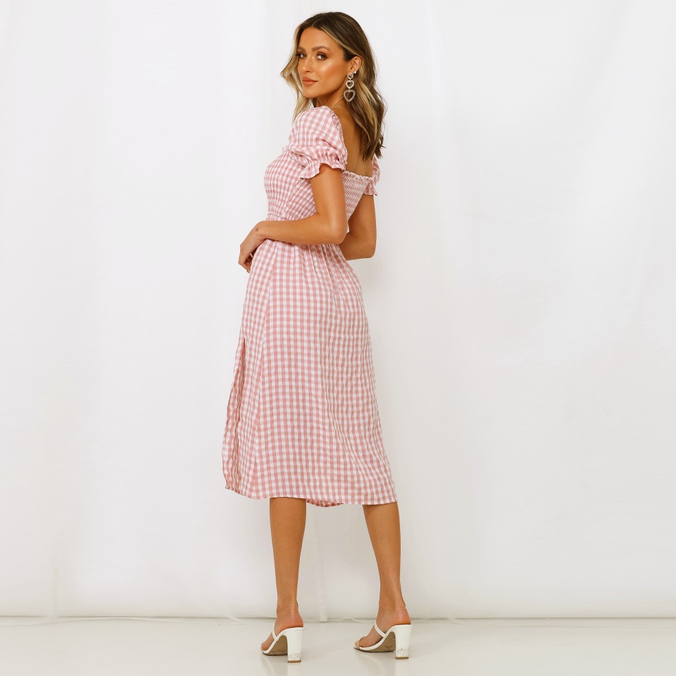 Puff Sleeves With Pleated Chest And Slit Hem, Short-sleeved Plaid Print Mid-length Dress