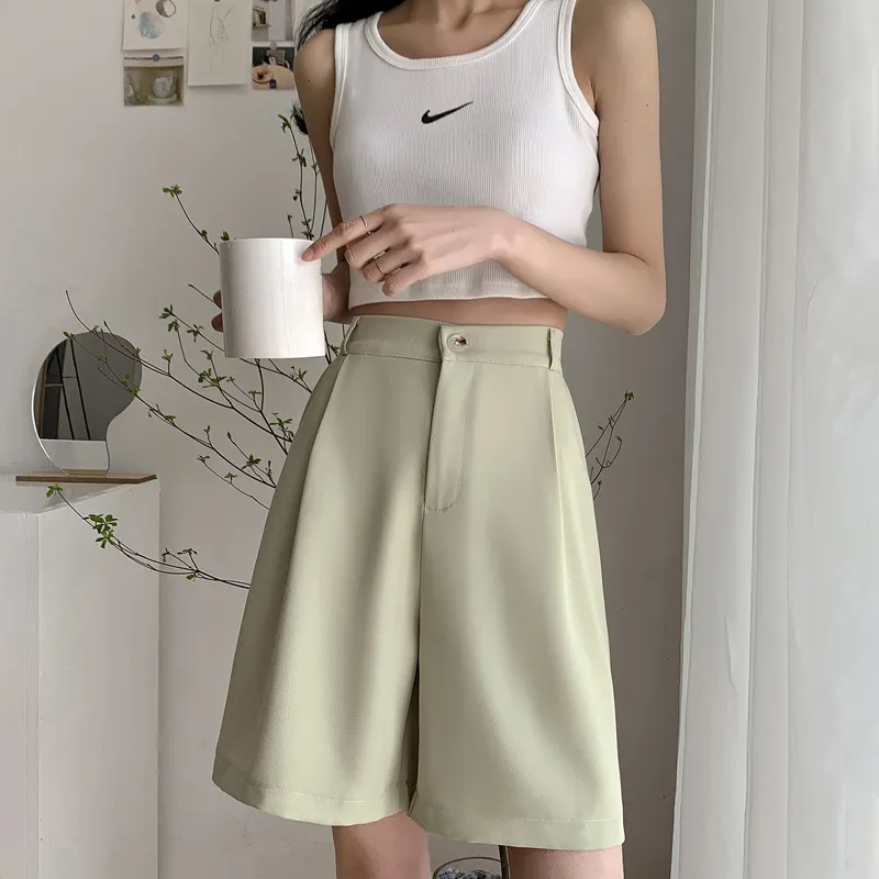 Women's High-waist Casual Wide-leg Five-point Pants - Wormwood Green
