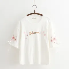 Lace-up Flower Embroidery Cotton Loose Short-sleeved T-shirt Women - White - View 1