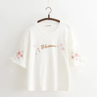 Lace-up Flower Embroidery Cotton Loose Short-sleeved T-shirt Women - White