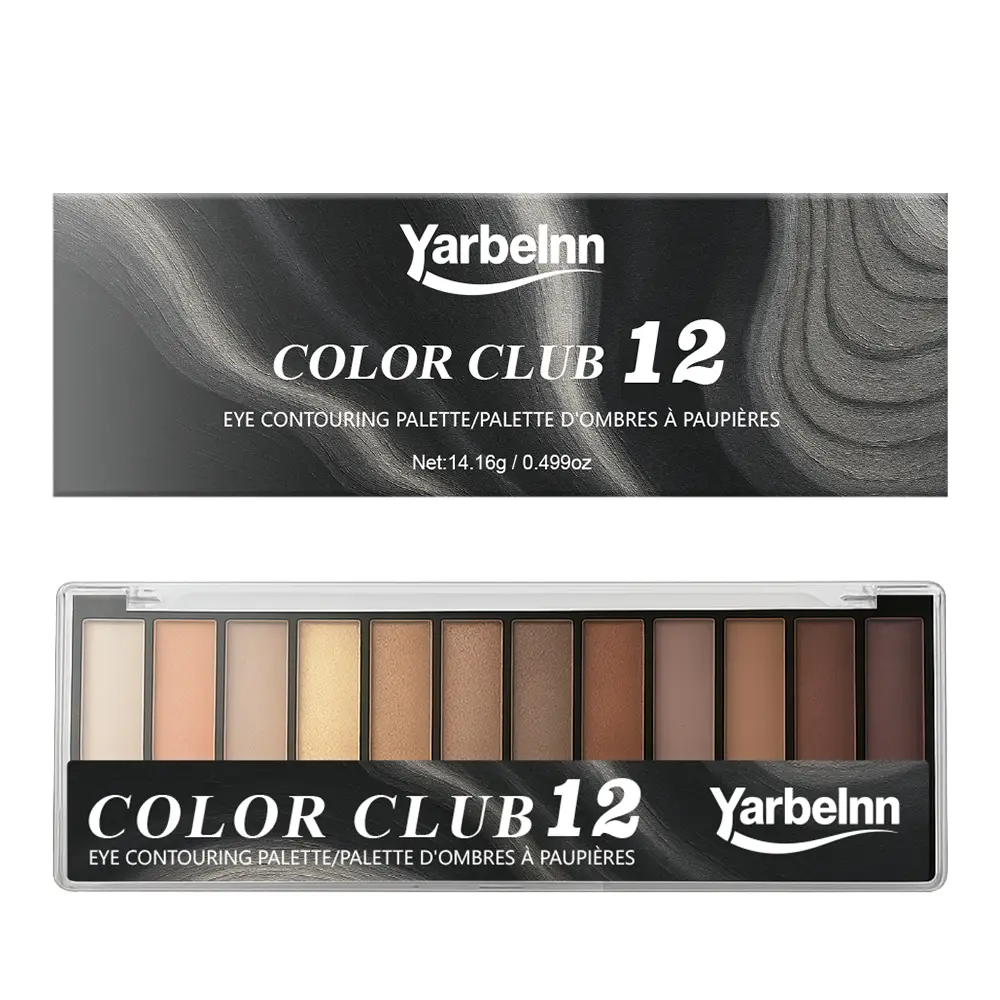 12 Shades Matte Dark Cement Smoky Eyeshadow Palette, Earth Tone Pearlescent Fine Glitter Cross-border Makeup, 14.16g
