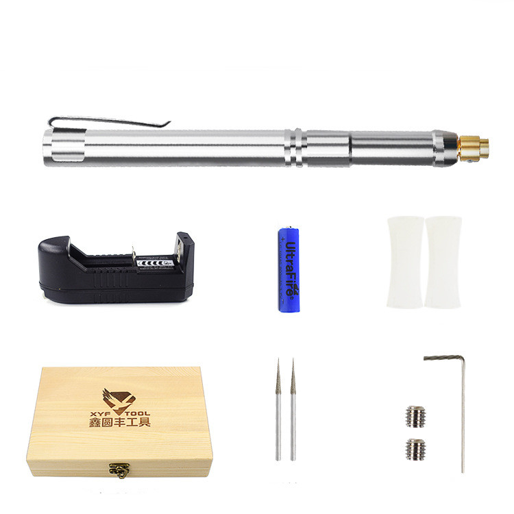 Full engraving pen kit including stainless steel engraving pen, charger, lithium battery, rubber sleeves, fine engraving bits, wooden storage box, and accessories.
