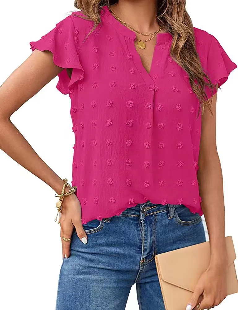 Women Summer V Neck Ruffle Short Sleeve Blouse Dot Flowy Shirt Top - Rose