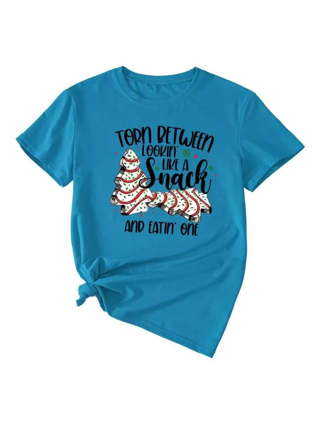 Simple Pattern Printing Ladies Round Neck Short Sleeve Tops Lake Blue Black Color - Shop at LoveMi