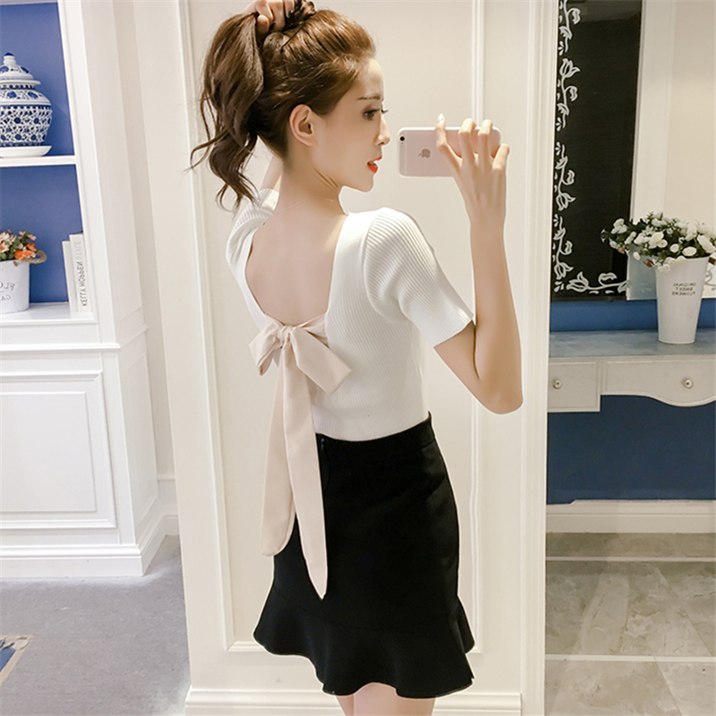 Summer Halter Bow Slim Short-sleeved Sweater Women