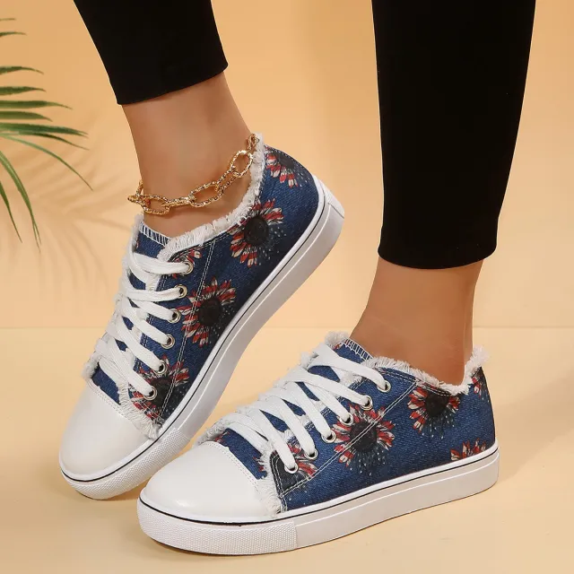 Casual Flat Canvas Shoes Flowers Lace up Flowers Print Loafers Women Walking Shoes Denim Jellyfish 37. - Shop at LoveMi
