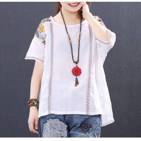 Literary Small Floral Embroidery Cotton And Linen T shirt White - Shop at LoveMi