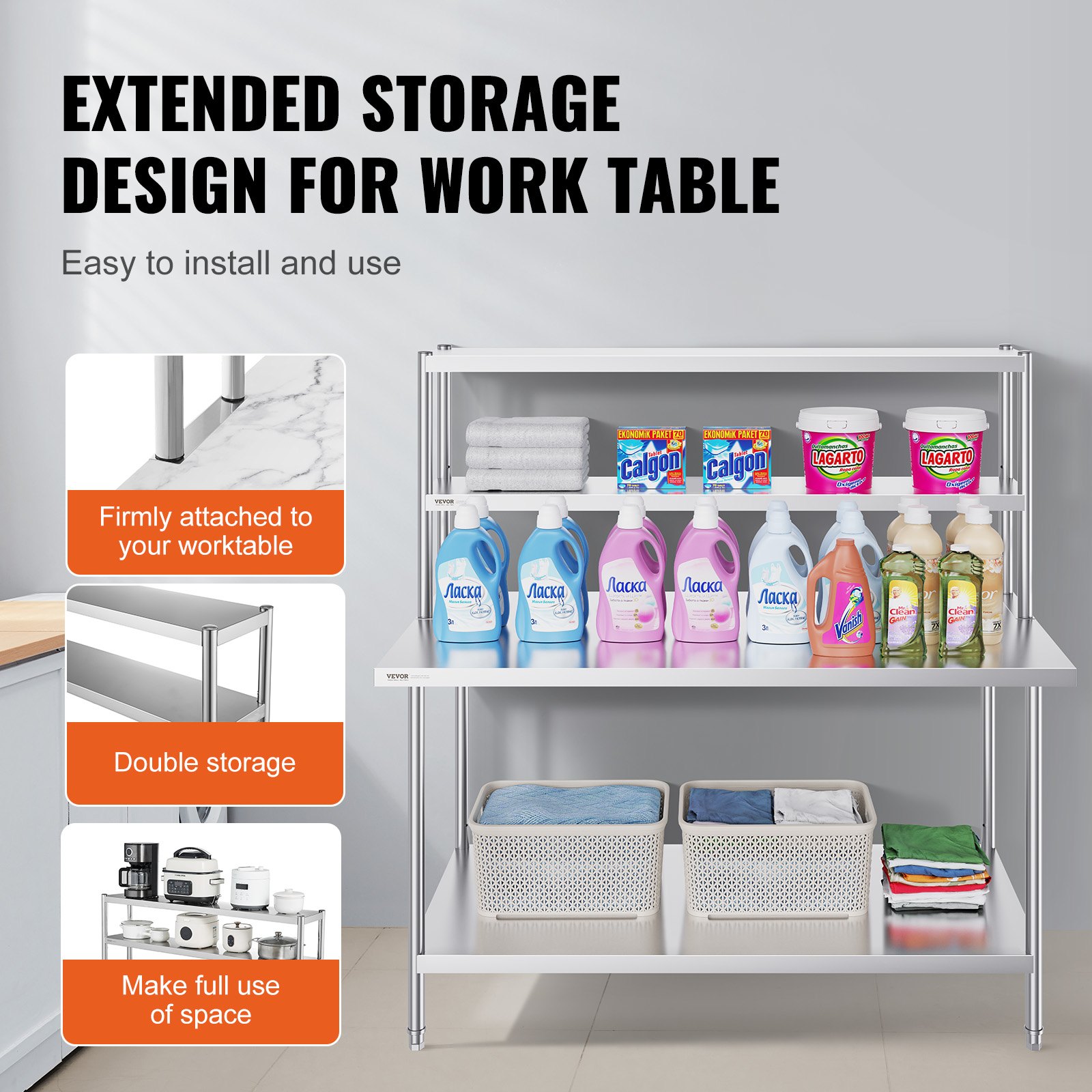 VEVOR Double Overshelf, Double Tier Stainless Steel Overshelf, 12 X 60 Inch Double Deck Overshelf, Height Adjustable Overshelf Prep Work Table For Kitchen, Restaurant And Workshop — foto 7