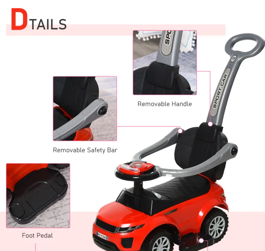 Kids 3 In 1 Push Car Ride-On Stroller Sliding Walking Toy With Horn Music Light Secure Bar For Boys Girls 1-3 Years Old Red