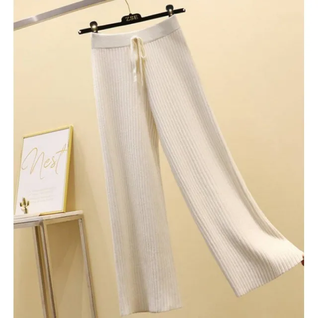 High Waist Drape Split Autumn Knitted Pants Beige - Shop at LoveMi