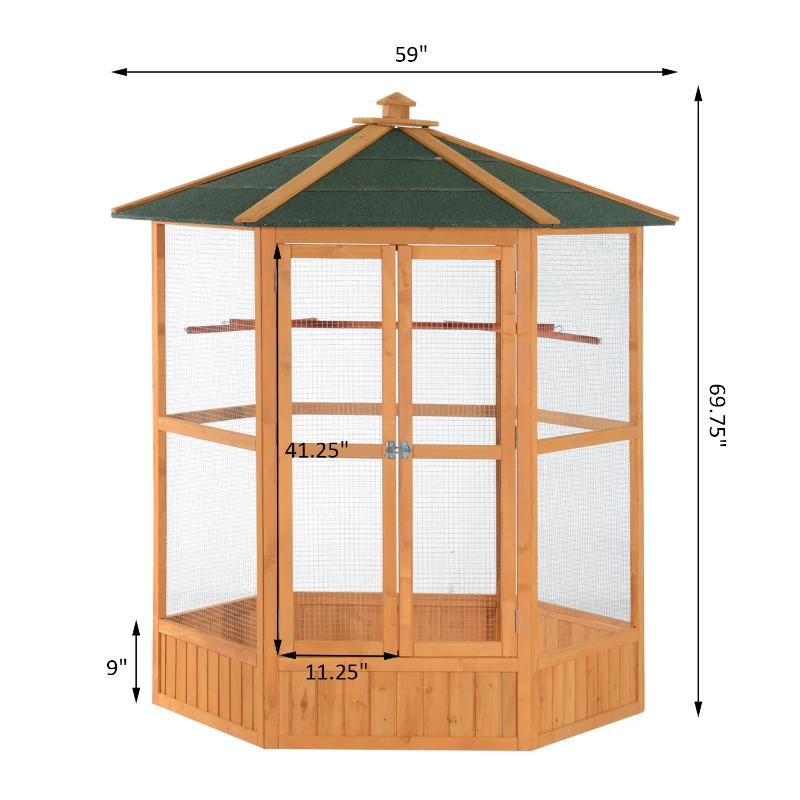 PawHut 69 Wooden Hexagonal Outdoor Aviary Flight Bird Cage With Covered Roof...