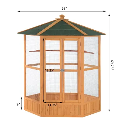 PawHut 69 Wooden Hexagonal Outdoor Aviary Flight Bird Cage With Covered Roof, BrownFor Multiple Packages, Please Pay Attention To The Detailed Dimensions And Weight Of Each Package.