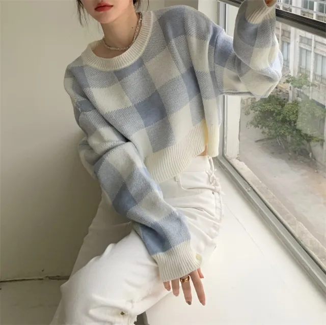 Women's Contrast Color Plaid Sweater Short Slim Blue - Shop at LoveMi