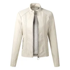 Long Sleeve Ladies Leather Jacket Pu Leather Women Short - Beige - View 1