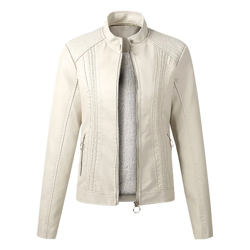Long Sleeve Ladies Leather Jacket Pu Leather Women Short - Beige