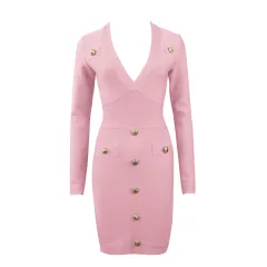 Single-breasted Long-sleeved Slim Ladies Temperament Dress - Pink - View 1
