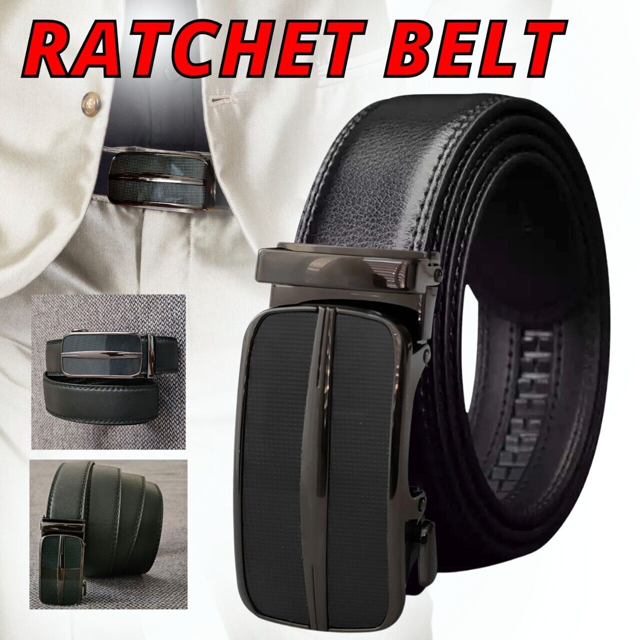 Ratchet Leather Belt with Slide Buckle shipping only inside the US, USPS First Class Package 2 Day Handling, 2-5 Day Shipping. Microfiber PU Leather Ratchet Belt Belts For Men Adjustable Size with Automatic Slide Buckle No Holes by SHAVIT. Ratchet Closure