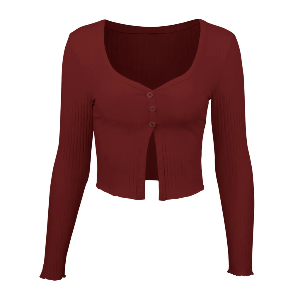 Long Sleeved Crop Cardigan Top Sexy Button Knit T-shirt - Burgundy