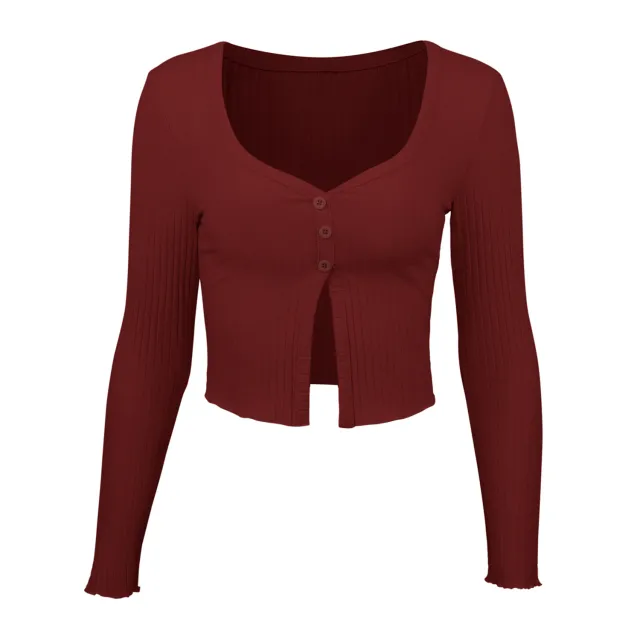 Long Sleeved Crop Cardigan Top Sexy Button Knit T shirt Burgundy - Shop at LoveMi