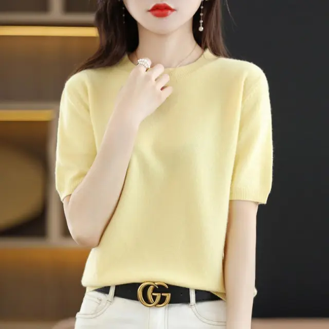 Knitted Short sleeved Loose T shirt Inner Sweater Light Yellow - Shop at LoveMi